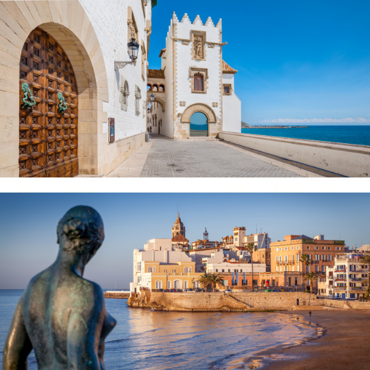 Top: Cau Ferrat Museum in Sitges (Barcelona), Catalonia / Below: View of the old town from San Sebastián beach in Sitges (Barcelona), Catalonia
