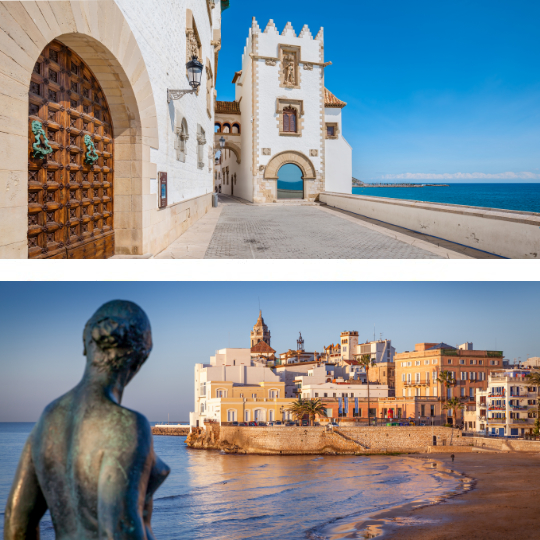 U góry: Muzeum Cau Ferrat w Sitges, w Barcelonie, Katalonia / Poniżej: Widok na stare miasto z plaży San Sebastian w Sitges, w Barcelonie, Katalonia