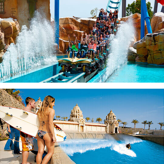 Acima: Port Aventura, Tarragona. Abaixo: Piscina de ondas do Siam Park, Tenerife.