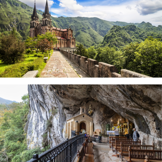 U góry: bazylika Covadonga, Asturia / U dołu: Santa Cueva, Asturia