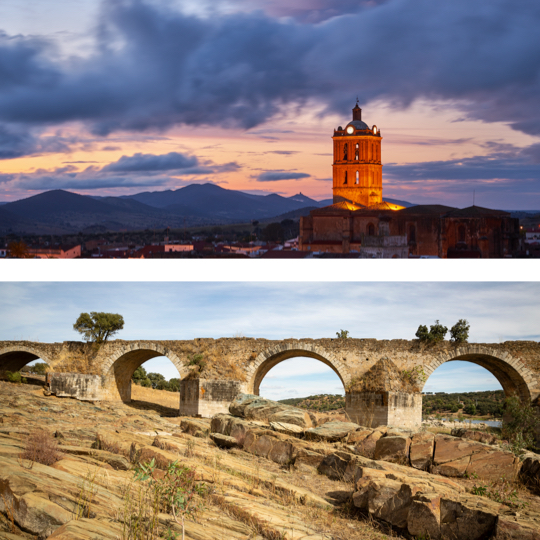 Arriba: vista del pueblo de Zafra en Extremadura / Abajo: puente que une Portugal y España en Olivenza, Extremadura