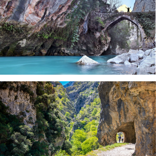 Arriba: puente sobre el río Sella, Asturias / Abajo: tramo de la Ruta del Cares, Asturias
