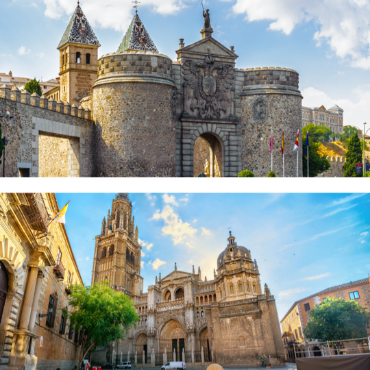 En haut : Porte de Bisagra, Tolède / En bas : cathédrale de Tolède, Tolède.