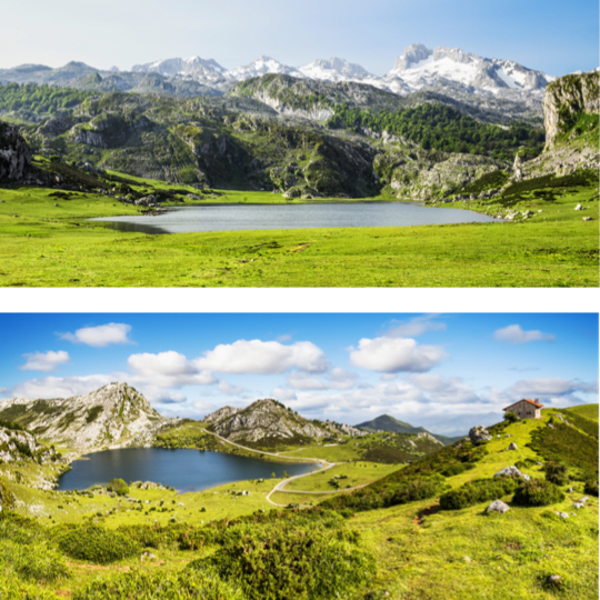 En haut : vue du lac d’Ercina / En bas : lac Enol dans le parc national des Pics d’Europe, Asturies