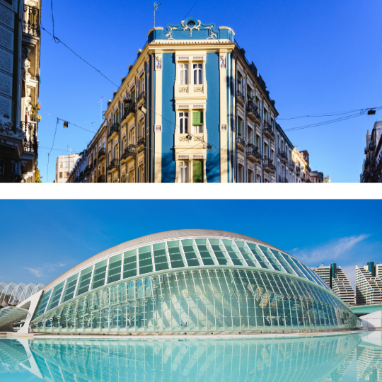 Arriba: edificio característico en el ensanche del barrio de Ruzafa ©Joaquin Corbalan / Abajo: Ciudad de las Artes y las Ciencias