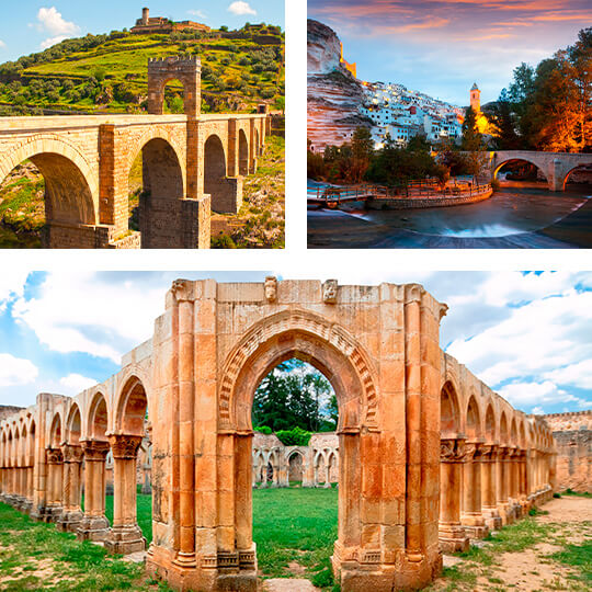 En haut à gauche : Pont romain d’Alcántara. En haut à droite : Alcalá del Júcar. En bas : Monastère San Juan de Duero, Soria
