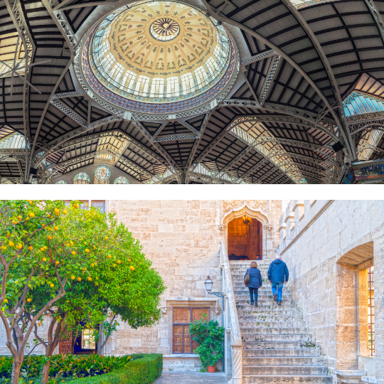 Top: interior of the Central Market ©Madrugada Verde / Bottom: Valencia Silk Exchange ©Kemal-Taner