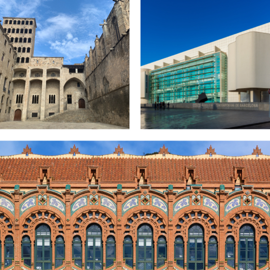   Linksboven: Museum voor de Geschiedenis van Barcelona (MUHBA) / Rechtsboven: Barcelona Museum voor Hedendaagse Kunst (MACBA) © Allard One / onder: CaixaForum in Barcelona