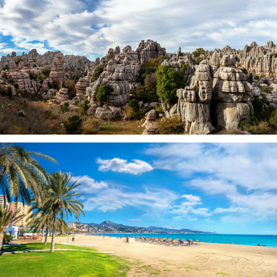 En haut : el Torcal de Antequera, Malaga / En bas : la plage de la Malagueta, à Malaga, Andalousie