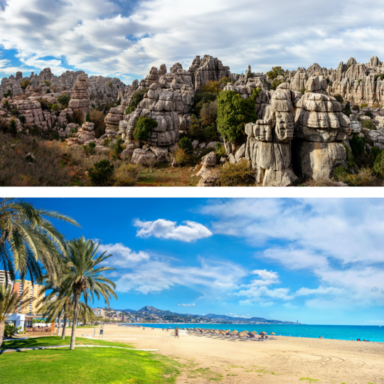 Sopra: il Torcal de Antequera, Malaga / Sotto: la spiaggia di Malagueta, a Malaga, Andalusia