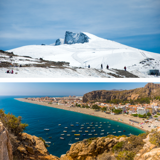 Arriba: montaña Veleta en Sierra Nevada, Granada / Abajo: playa de Calahonda en Motril, Granada