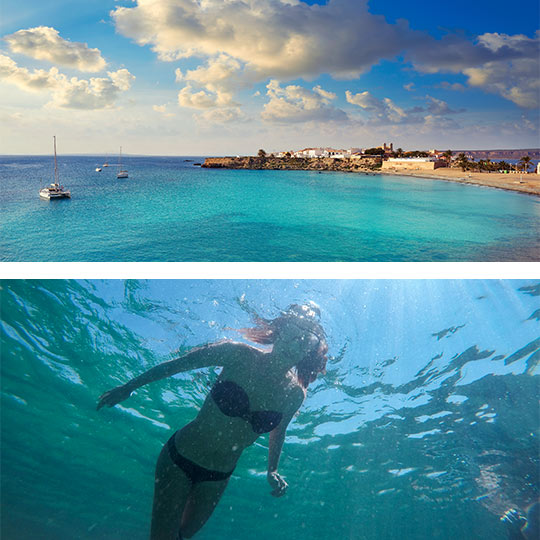 Acima: praia em Tabarca. Abaixo: moça praticando snorkeling na ilha