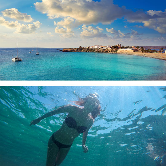 En haut, une plage à Tabarca. En bas, une jeune fille pratique le snorkeling sur l’île