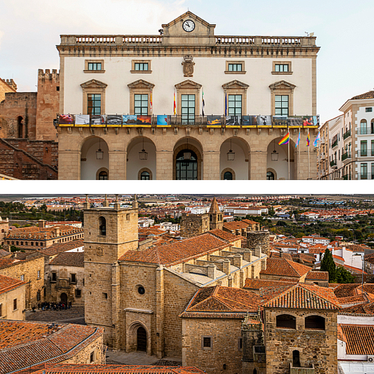 Top: Cáceres Town Hall © David MG / Bottom: Cathedral of Santa María de la Asunción