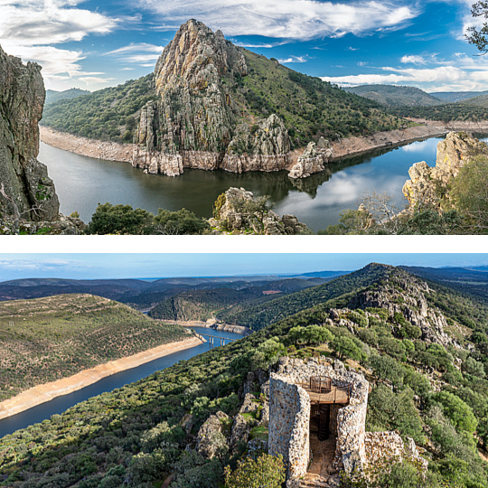 En haut : Le Tage traversant le parc national de Monfragüe / En bas : Château de Monfragüe