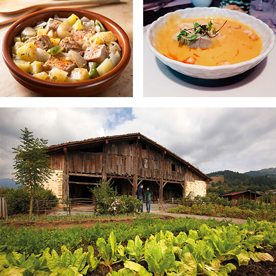 Слева сверху: Традиционное баскское блюдо «мармитако». Справа вверху: «Поррусальда». Внизу: Традиционный амбар в Стране Басков © Basquetour