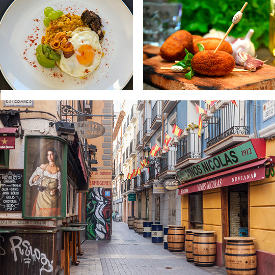 Stadtviertel Barrio del Tubo in Zaragoza und Tapas mit „Migas“ und Kroketten.