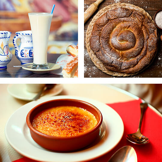 Oben links: Horchata aus Valencia. Oben rechts: Ensaimada aus Mallorca. Unten: Crema Catalana