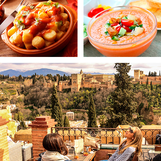 Die Alhambra von Granada. Tapas mit Gazpacho und Kartoffeln in scharfer Sauce