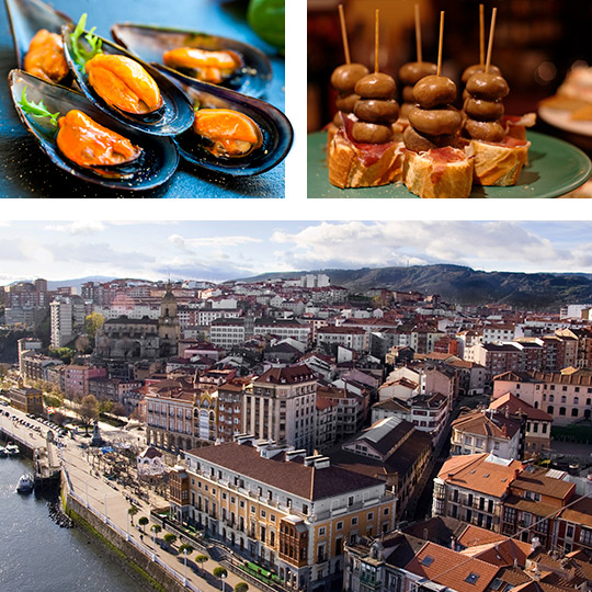 Ría de Bilbao y tapas de mejillones y champiñones