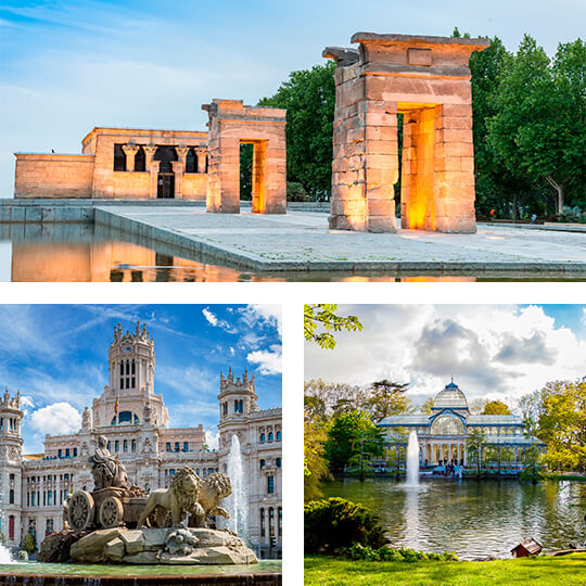 Oben: Tempel von Debod. Unten links: Plaza de Cibeles und Rathaus. Unten rechts: Gläserner Palast im Retiro-Park