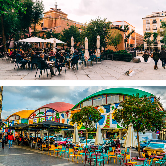 Praça do Dos de Mayo em Malasaña e Mercado de la Cebada em La Latina, Madri