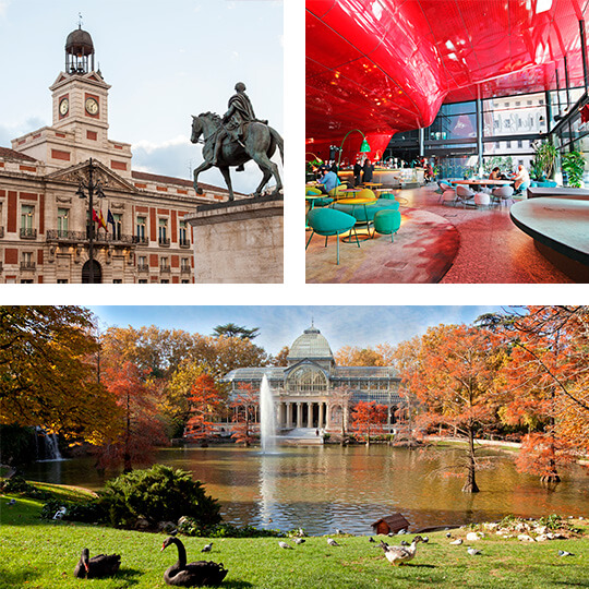 Top left: Puerta del Sol square. Top right: Café at the Reina Sofía Museum. Below: Crystal Palace in El Retiro Park.