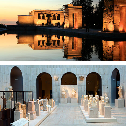 Temple of Debod and interior gallery of the MAN Archaeological Museum in Madrid