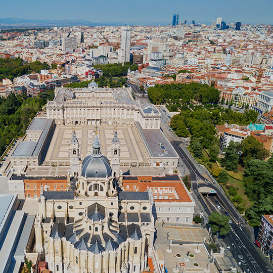 Aerial view of the Almudena Cathedral and the Royal Palace of Madrid.