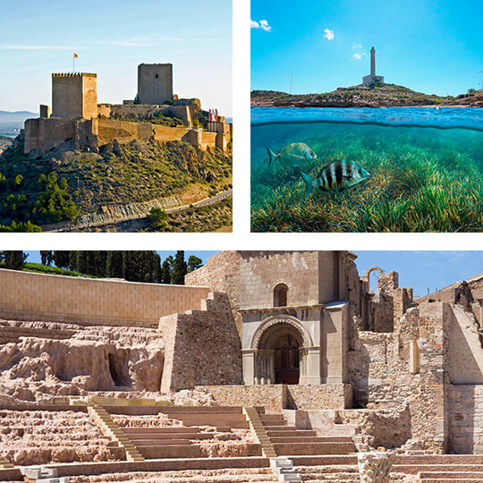 En haut à gauche : Château de Lorca © Jose Lorca. En haut à droite : Cabo de Palos. En bas : Théâtre romain de Carthagène