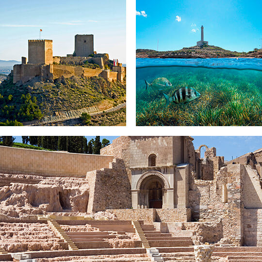 Acima à esquerda: Castelo de Lorca © Jose Lorca. Acima à direita: Cabo de Palos. Abaixo: Teatro Romano de Cartagena