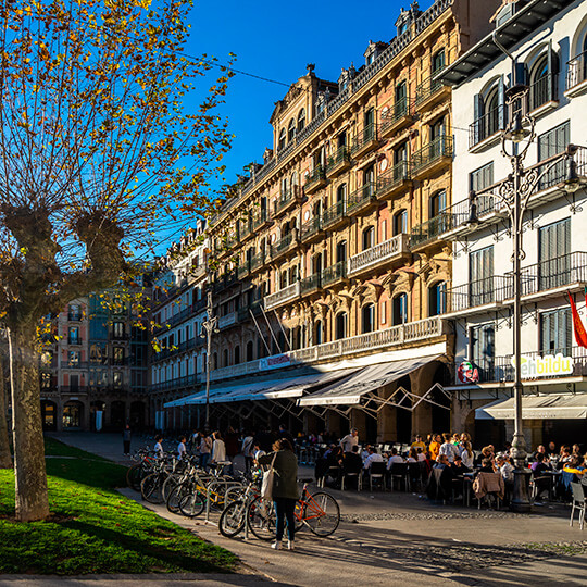 Pavement cafés on Plaza del Castillo in Pamplona, Navarre