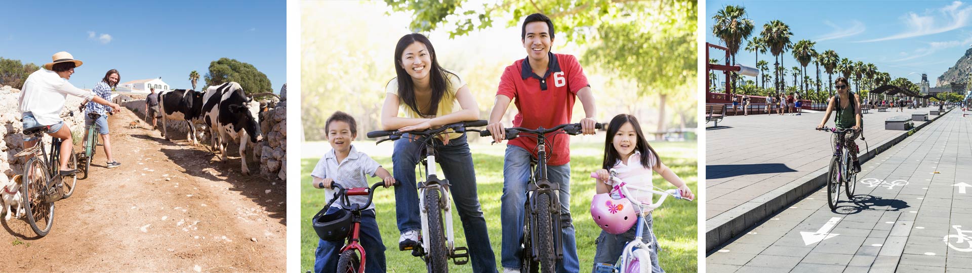 De gauche à droite : Touristes à vélo à Minorque / Famille / Cycliste à Barcelone