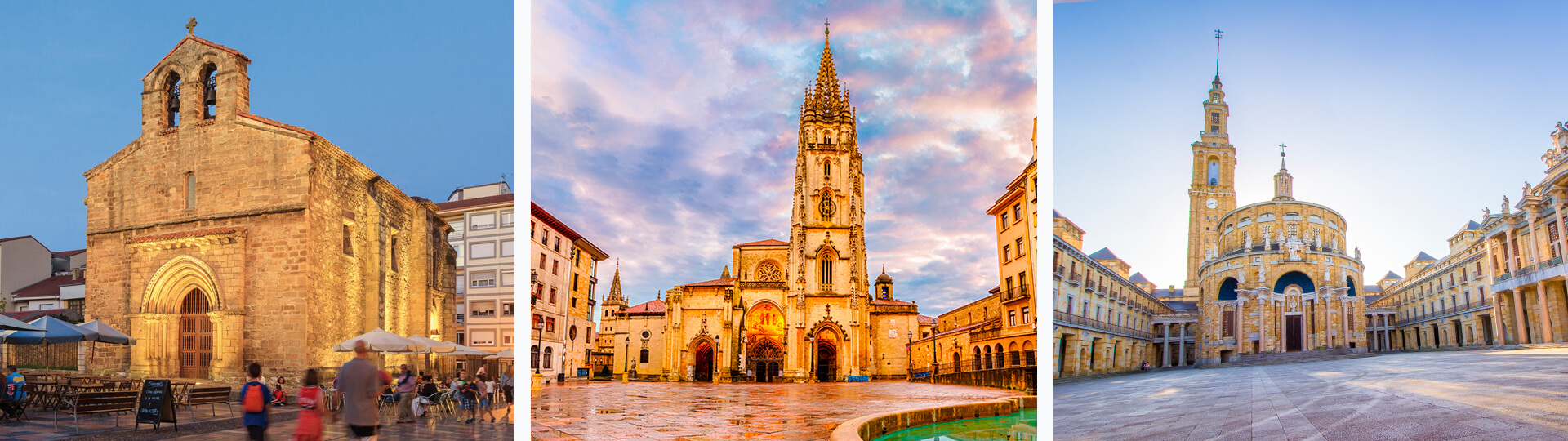 From left to right: Plaza Carballo in Avilés, Oviedo Cathedral, and the Universidad Laboral in Gijón.