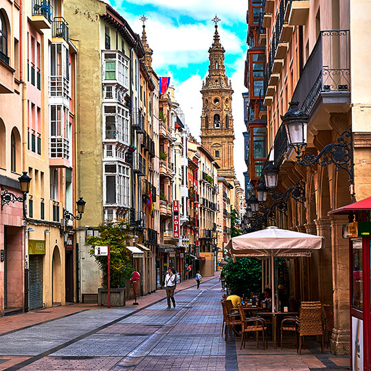 Rua Portales e Catedral de Logroño