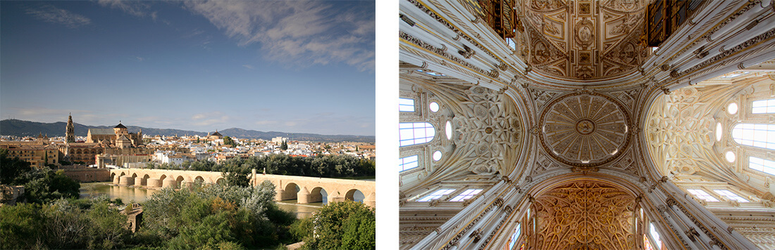 Roman bridge and the interior of Córdoba cathedral