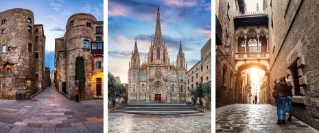 Left: Entrance to the Gothic quarter / Centre: Barcelona cathedral / Right: Bisbe bridge in Barcelona, Catalonia