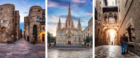 À gauche : Entrée du quartier gothique / Au centre : Cathédrale de Barcelone / À droite : Pont de Bisbe à Barcelone, Catalogne