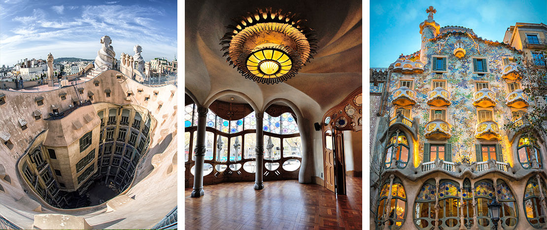 Izquierda: Casa Milà © Jaroslav Moravcik / Centro: Interior de la Casa Batlló © Montipaiton / Derecha: Casa Batlló en Barcelona, Cataluña © Alan Tan Izquierda: Casa Milà © Jaroslav Moravcik / Centro: Interior de la Casa Batlló © Montipaiton / Derecha: Casa Batlló en Barcelona, Cataluña © Alan Tan