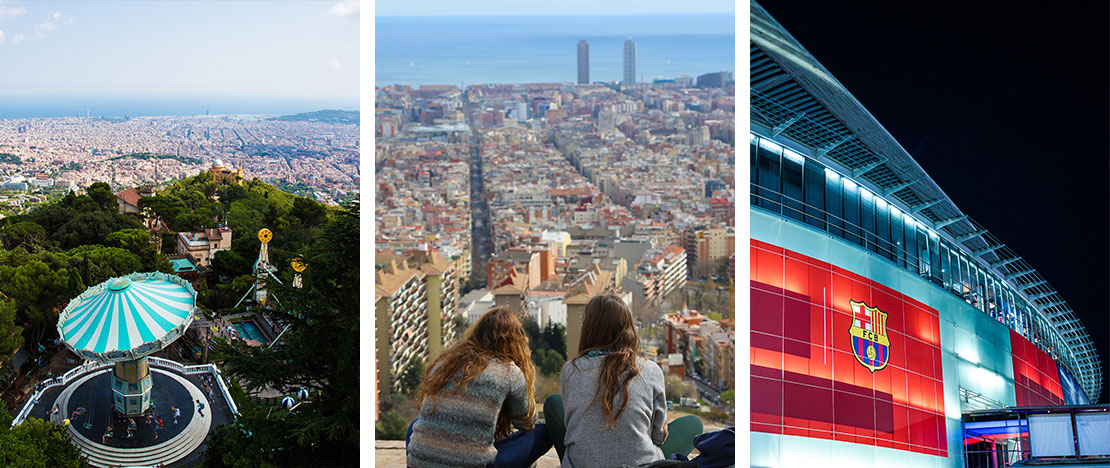 Izquierda: Vistas desde el Tibidabo / Centro: Vistas de Barcelona desde los bunkers del Carmel / Derecha: Exteriores del Camp Nou en Barcelona, Cataluña Izquierda: Vistas desde el Tibidabo / Centro: Vistas de Barcelona desde los bunkers del Carmel / Derecha: Exteriores del Camp Nou en Barcelona, Cataluña