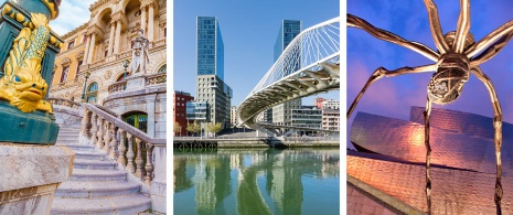 Po lewej: Ratusz / Pośrodku: Most Zubizuri/ Po prawej: Muzeum Guggenheima w Bilbao, Kraj Basków