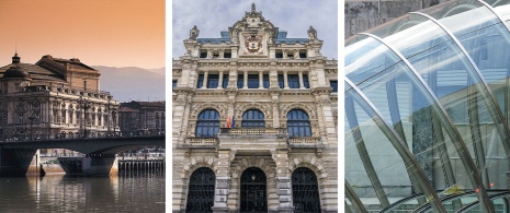 Izquierda: Teatro Arriaga / Centro: Palacio de la Diputación Foral / Derecha: Entradas al metro “fosteritos” en Bilbao, País Vasco