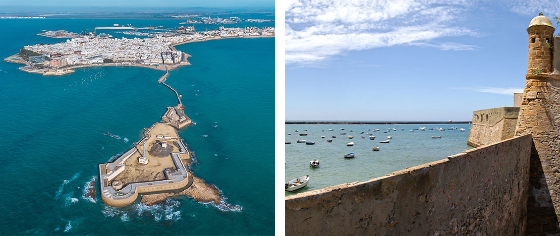  Left: Aerial view of Cadiz and Santa Catalina Castle / Right: San Sebastián Castle in Cadiz, Andalusia