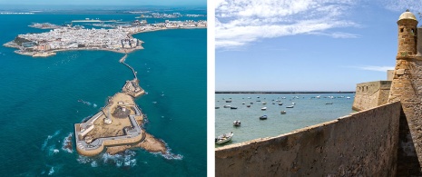  Sinistra: Veduta dall’alto di Cadice e castello di San Sebastián / Destra: Castello di Santa Catalina a Cadice, Andalusia