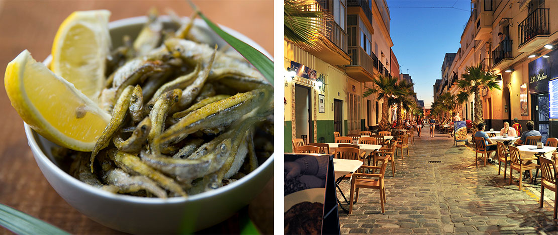Sinistra: Piatto di pescaíto frito / Destra: Quartiere di La Viña a Cadice, Andalusia © Jose R Pizarro Sinistra: Piatto di pescaíto frito / Destra: Quartiere di La Viña a Cadice, Andalusia © Jose R Pizarro
