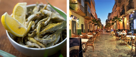 Sinistra: Piatto di pescaíto frito / Destra: Quartiere di La Viña a Cadice, Andalusia © Jose R Pizarro