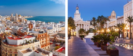 Links: Blick vom Tavira-Turm auf Cádiz / Rechts: Plaza San Juan de Dios in Cádiz, Andalusien