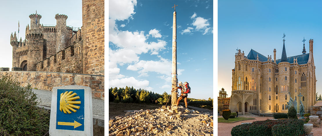 Left: Medieval castle of Ponferrada / Centre: Cruz de Ferro / Right: Astorga Episcopal Palace Left: Medieval castle of Ponferrada / Centre: Cruz de Ferro / Right: Astorga Episcopal Palace