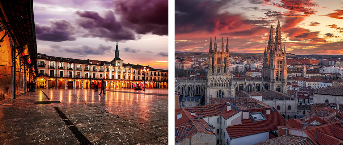 Left: Plaza Mayor square, León / Right: Views of the city of Burgos Left: Plaza Mayor square, León / Right: Views of the city of Burgos