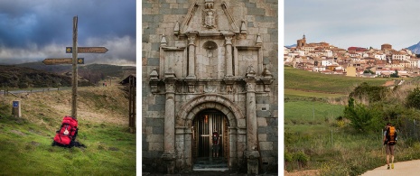  Links: Pilgerrucksack / Mitte: Kirche in Burguete, Navarra / Rechts: Pilger bei der Ankunft im Dorf Cirauqui, Navarra